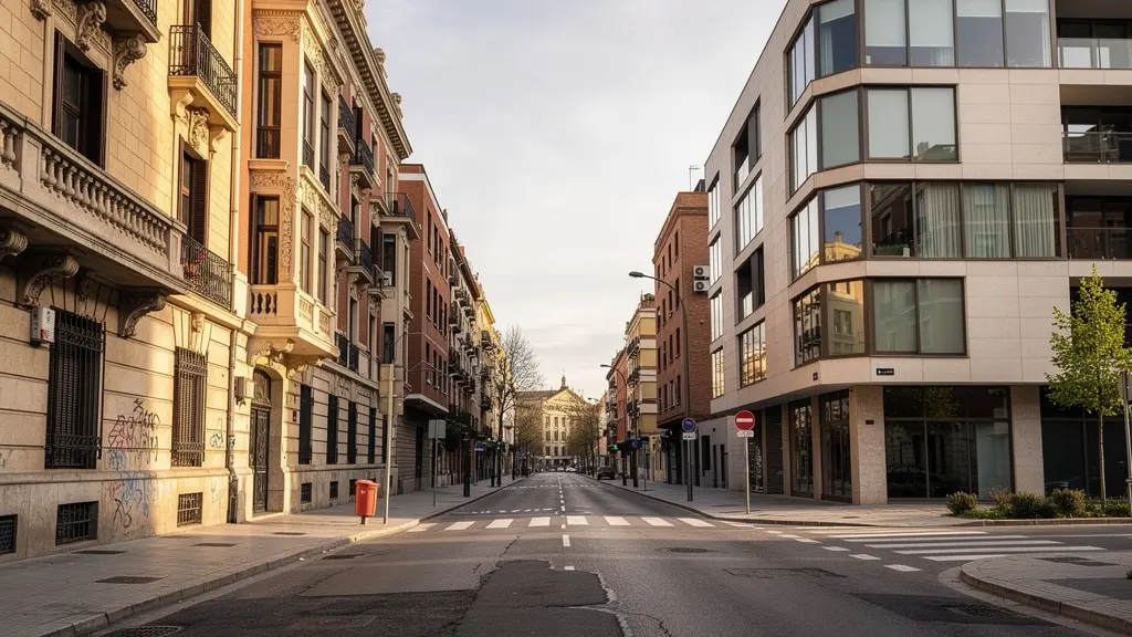 Calle de Madrid mostrando contraste entre edificio clásico y construcción moderna
