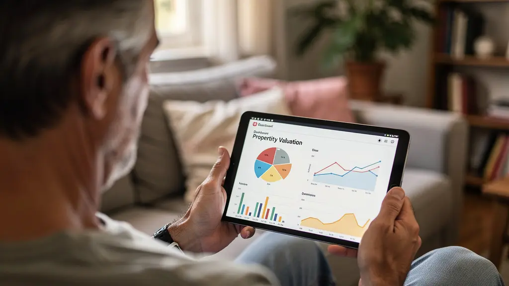 Usuario español consultando valoración inmobiliaria en tablet desde salón doméstico