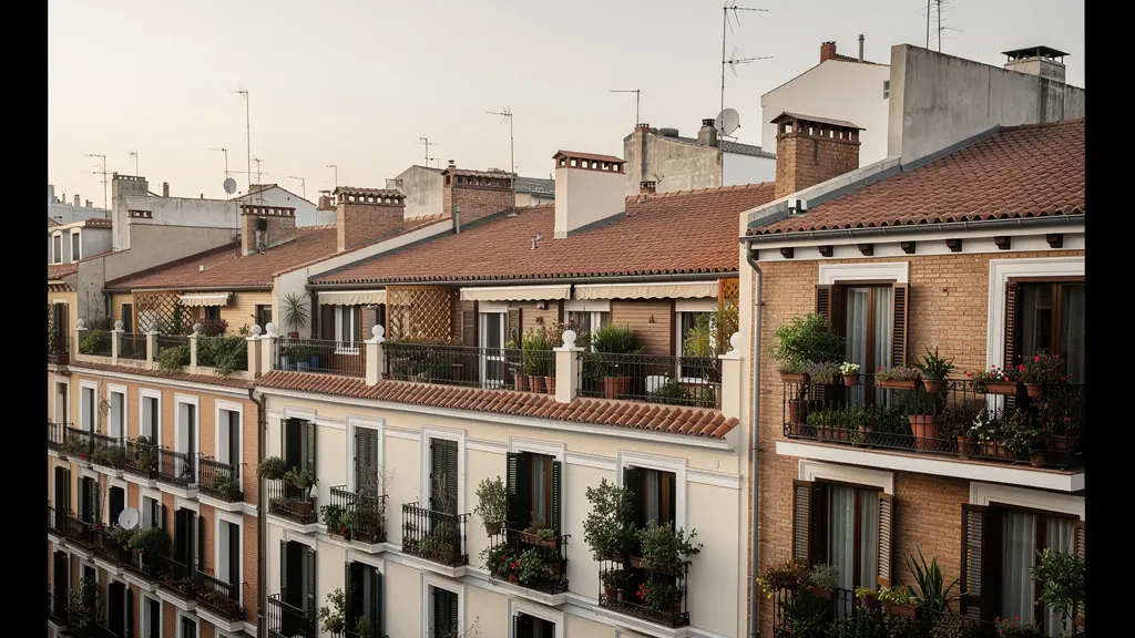 Vista panorámica de barrio residencial madrileño con tejados característicos y fachadas típicas