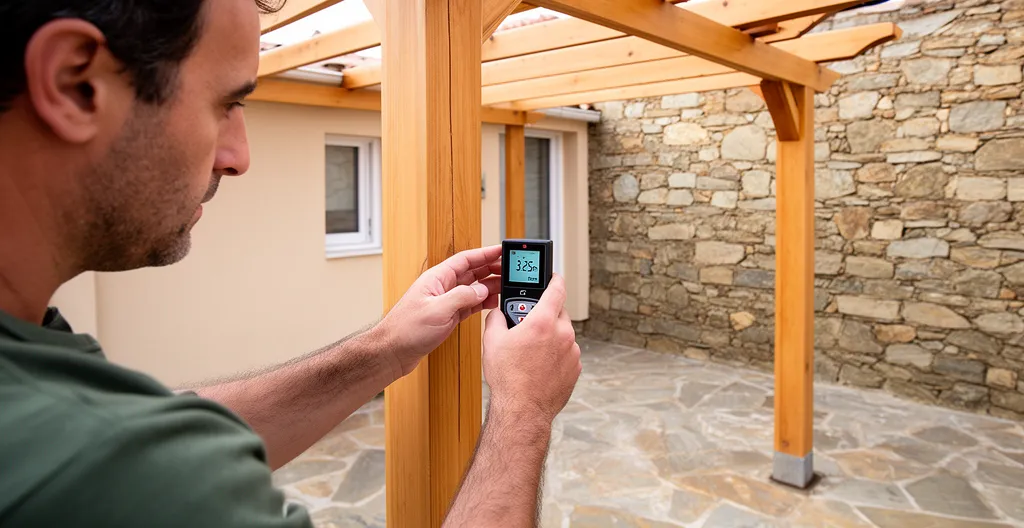 Propietario midiendo apertura terraza con medidor láser para pérgola bioclimática