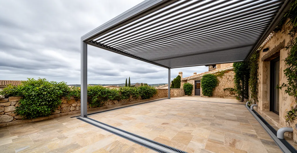 Vista amplia pérgola con lamas cerradas protegiendo terraza en día nublado