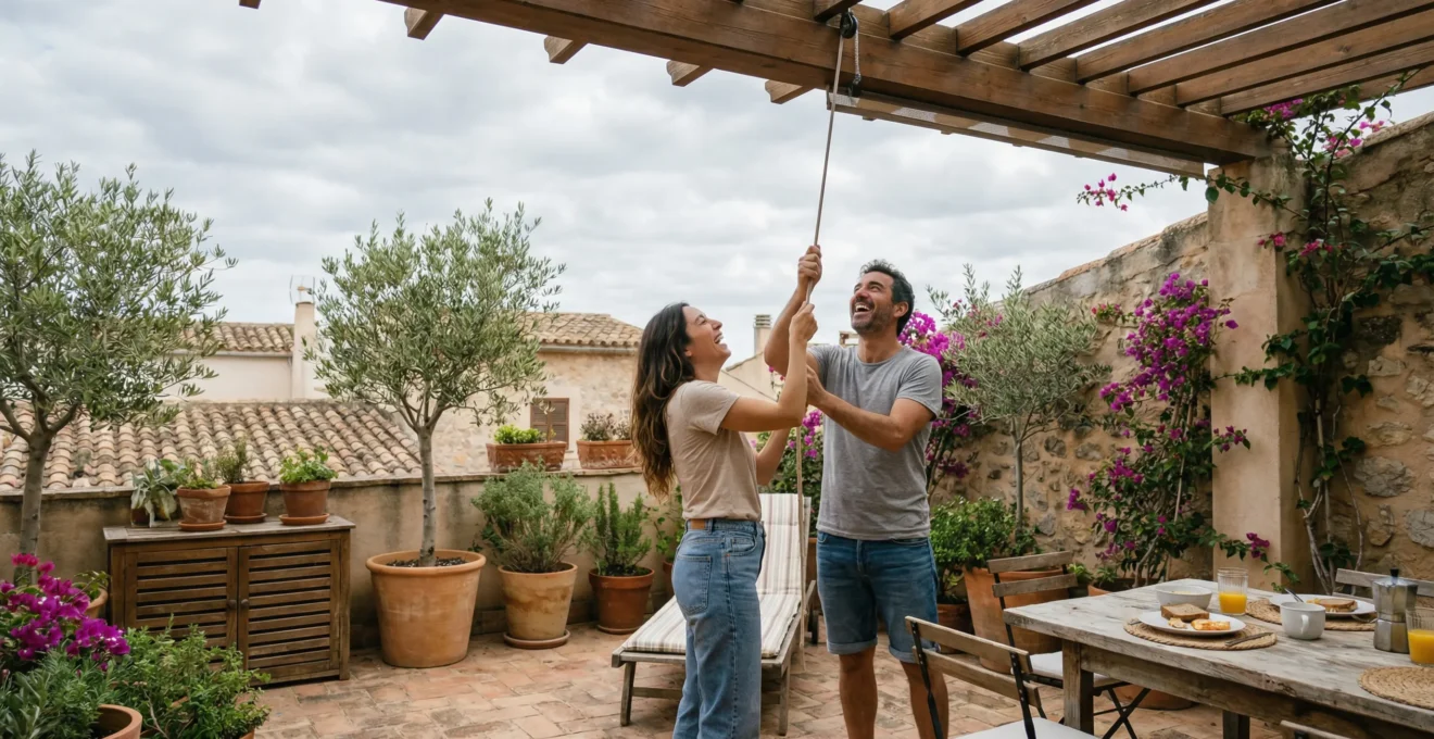 Pareja ajustando lamas orientables pérgola bioclimática terraza mediterránea