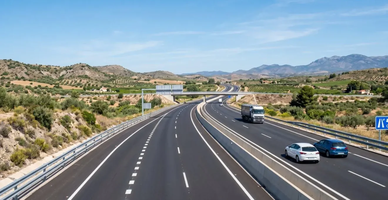 Carretera española moderna con señalización clara y cielo despejado, sin vehículos en primer plano
