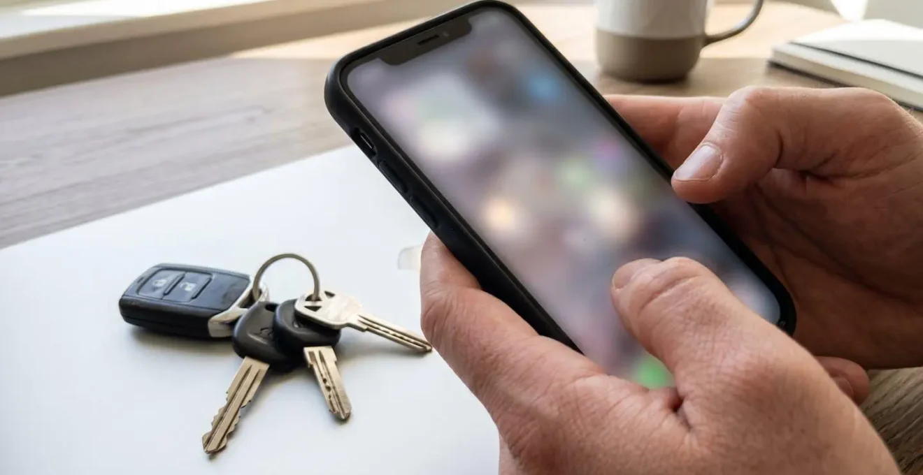 Manos sosteniendo un teléfono móvil con pantalla difuminada junto a llaves de coche sobre un escritorio contemporáneo
